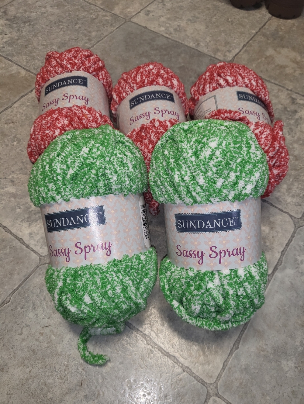 5 Skeins Sundance Sassy Spray Chenille Yarn -  Poppy Passion/ Lime Twist